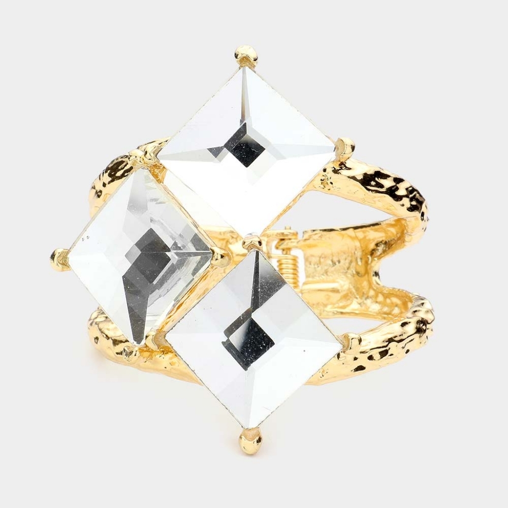 Gold Wide Crystal Style Triple Square Stone Cuff Hinged Bracelet